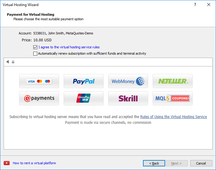 How to Rent A Virtual Platform mt4 and mt5 payment