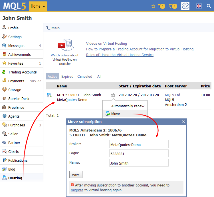 Open the trading platform and connect to the account to which the hosting was transferred. Through the context menu of the account in the 